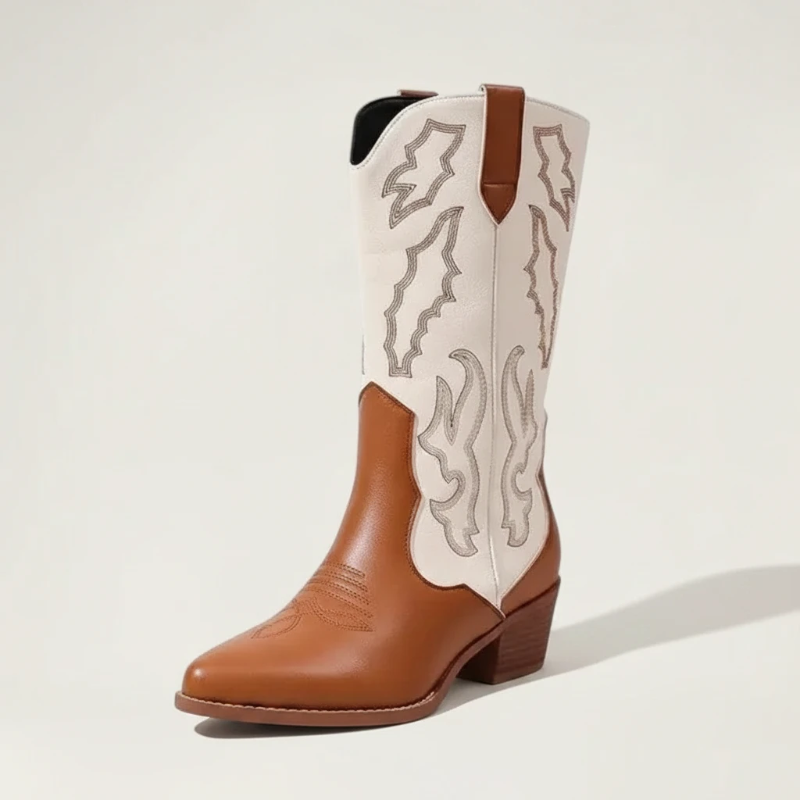 Yehaw brown and white vegan leather mid-calf cowgirl boots with pointed toe and decorative stitching.