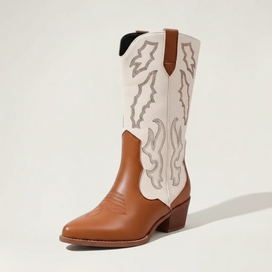 Yehaw brown and white vegan leather mid-calf cowgirl boots with pointed toe and decorative stitching.