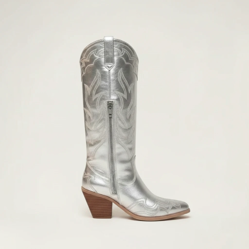 Yehaw VIOLET silver vegan microfibre mid-calf cowgirl boots with pointed toe and high block heel