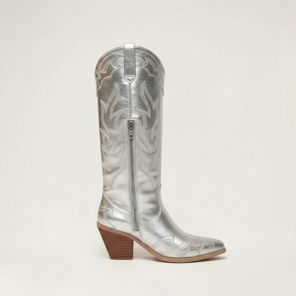 Yehaw VIOLET silver vegan microfibre mid-calf cowgirl boots with pointed toe and high block heel