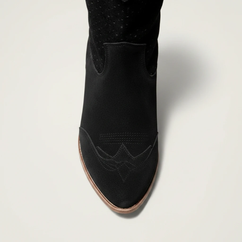 Yehaw black vegan leather ankle cowgirl boots with a perforated shaft and a medium block heel.