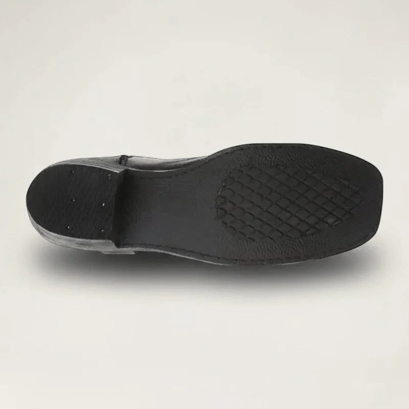 Yehaw black vegan leather cowboy boots with a square toe and textured rubber sole, viewed from the bottom.