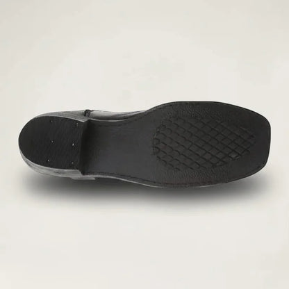 Yehaw black vegan leather cowboy boots with a square toe and textured rubber sole, viewed from the bottom.