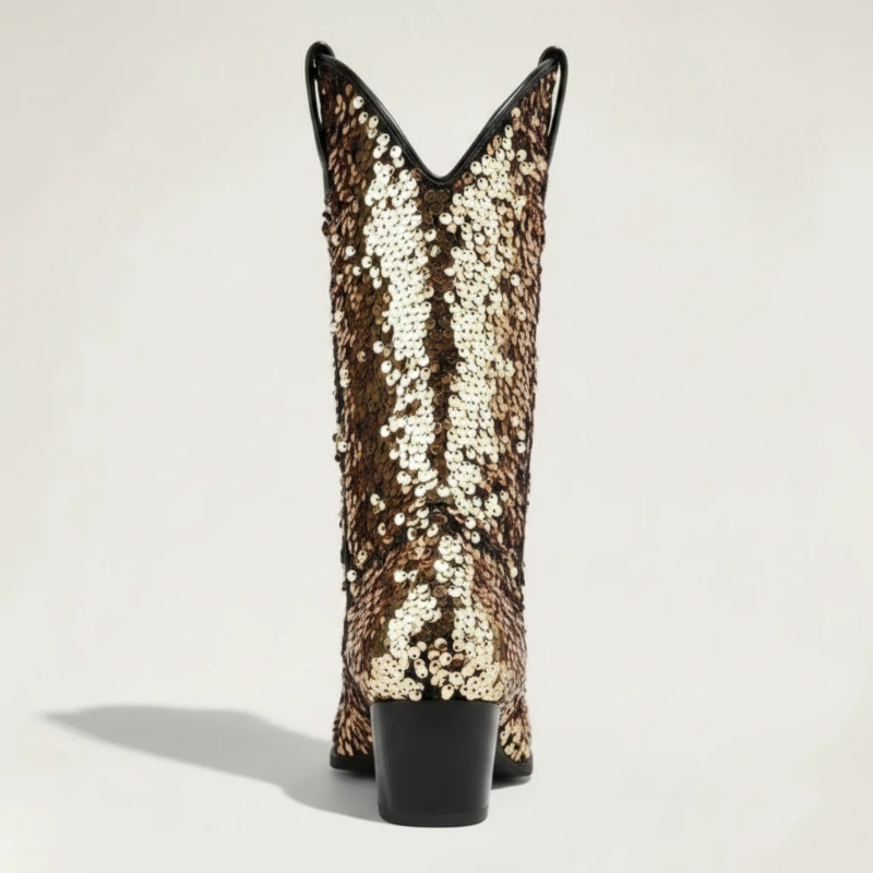 Yehaw CALAMITY mid-calf cowgirl boots in gold vegan glitter with a pointed toe and medium heel.