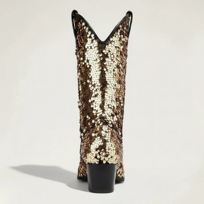 Yehaw CALAMITY mid-calf cowgirl boots in gold vegan glitter with a pointed toe and medium heel.