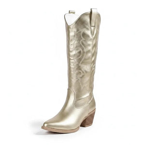Yehaw DUSTY knee-high gold vegan microfibre cowgirl boots with a pointed toe and western stitching detail.