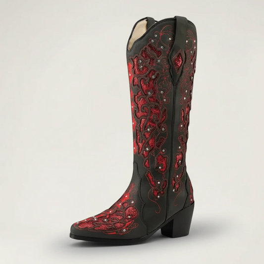 Yehaw Bernarda mid-calf cowgirl boots in black vegan leather with red glitter embroidery and pointed toe design
