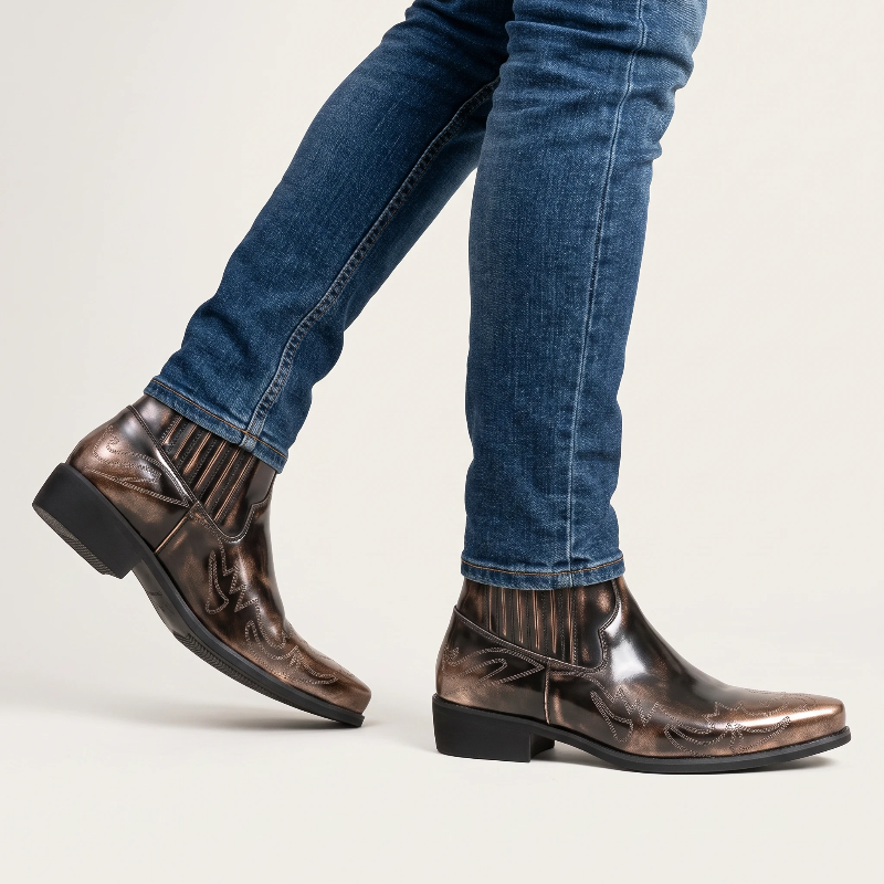 Yehaw brown vegan leather ankle cowboy boots with pointed toe and western stitching detail