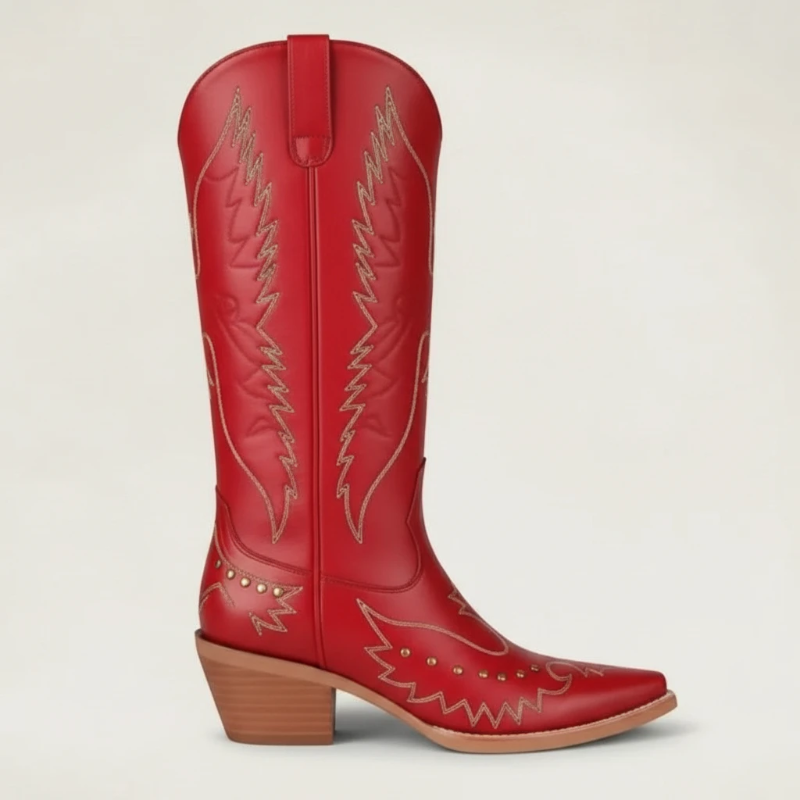 Yehaw red vegan leather mid-calf cowgirl boots with pointed toe and white stitching detail.