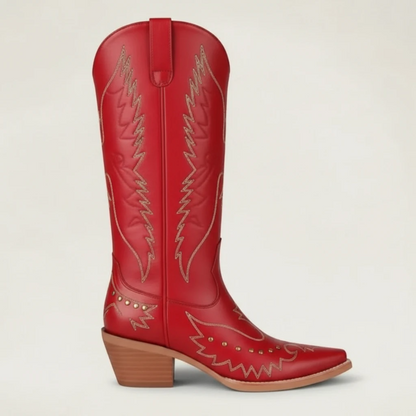 Yehaw red vegan leather mid-calf cowgirl boots with pointed toe and white stitching detail.