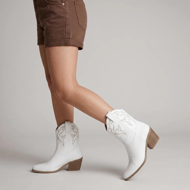 Yehaw white vegan leather ankle-height cowgirl boots with pointed toe and high heel.