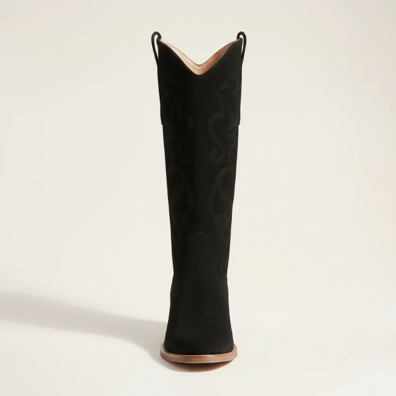 Yehaw Antonia black vegan suede mid-calf cowgirl boots with round toe and medium heel