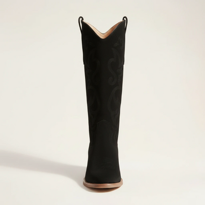 Yehaw Antonia black vegan suede mid-calf cowgirl boots with round toe and medium heel