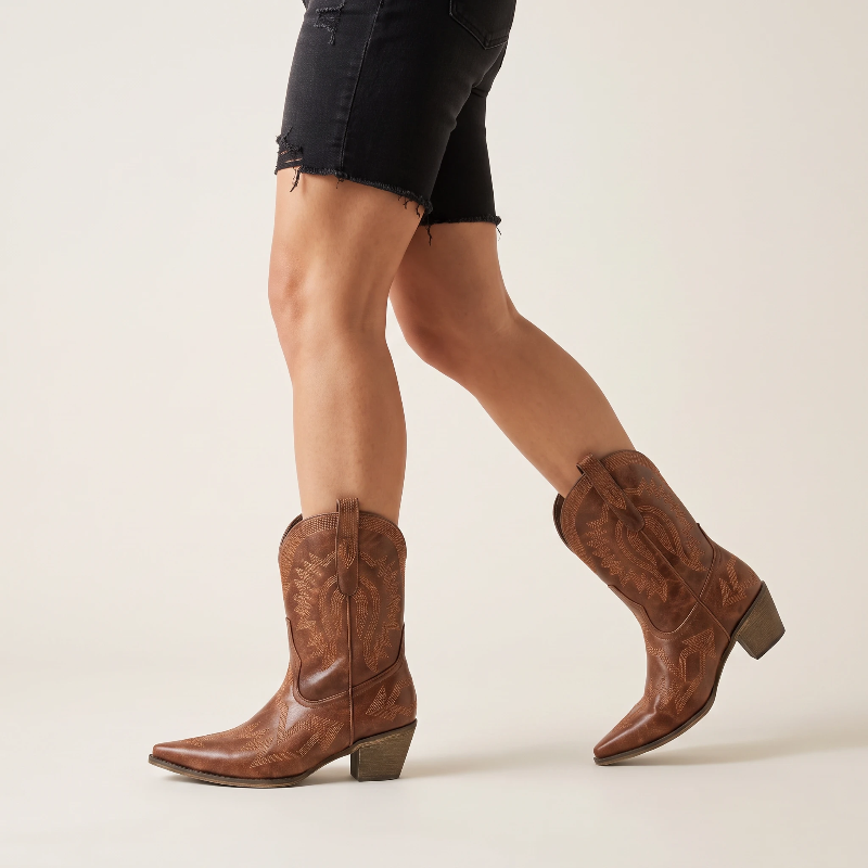 Yehaw brown vegan leather ankle cowboy boots with pointed toe, high heel, and decorative western stitching