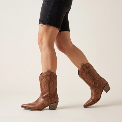 Yehaw brown vegan leather ankle cowboy boots with pointed toe, high heel, and decorative western stitching