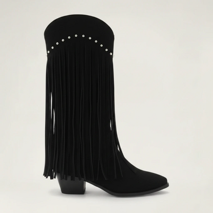 Yehaw BELLA black vegan leather mid-calf cowgirl boots with pointed toe, fringe detail, and silver stud accents.
