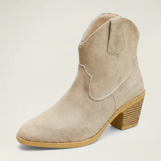 Yehaw ROSIE beige vegan suede ankle cowboy boots for women with a medium block heel and round toe design.