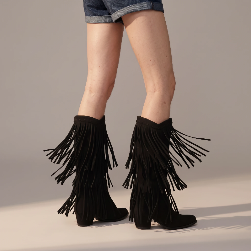 Yehaw black vegan suede mid-calf cowgirl boots with fringe detailing and a pointed toe