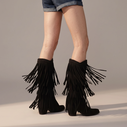 Yehaw black vegan suede mid-calf cowgirl boots with fringe detailing and a pointed toe