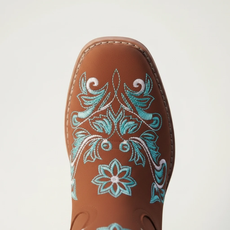 Yehaw Adriana brown vegan suede mid-calf cowgirl boots with light blue and white floral embroidery and round toe