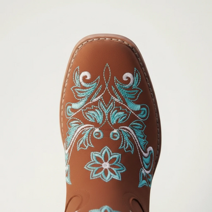 Yehaw Adriana brown vegan suede mid-calf cowgirl boots with light blue and white floral embroidery and round toe