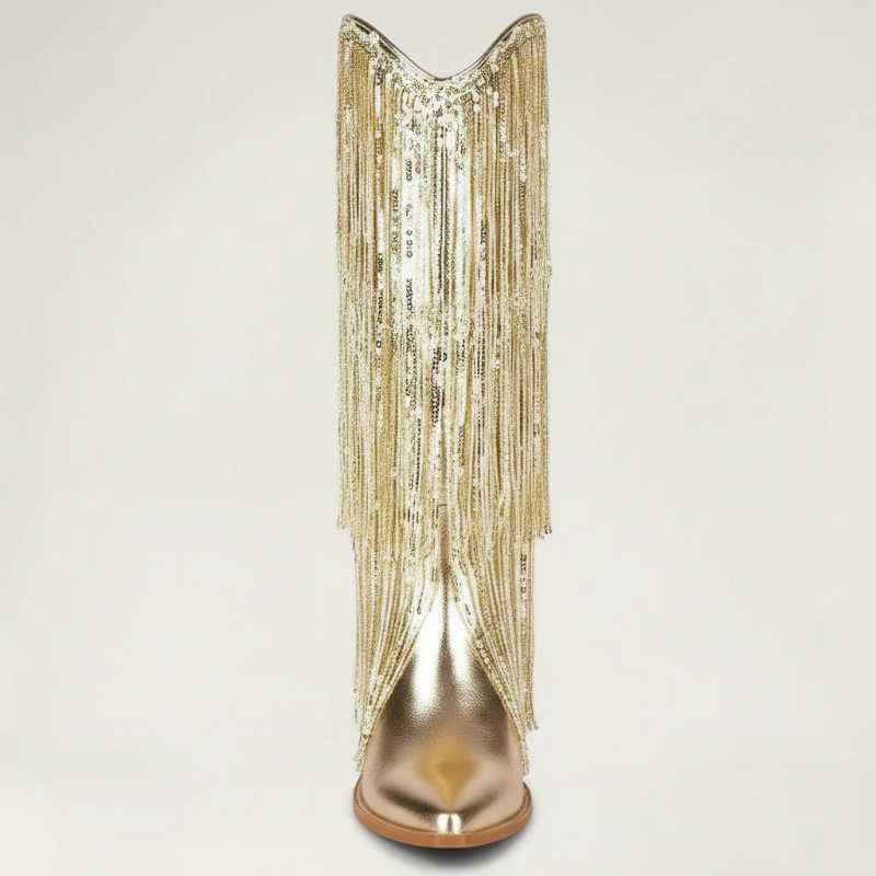 Yehaw gold vegan leather mid-calf cowgirl boots with long shimmering fringe and a pointed toe.