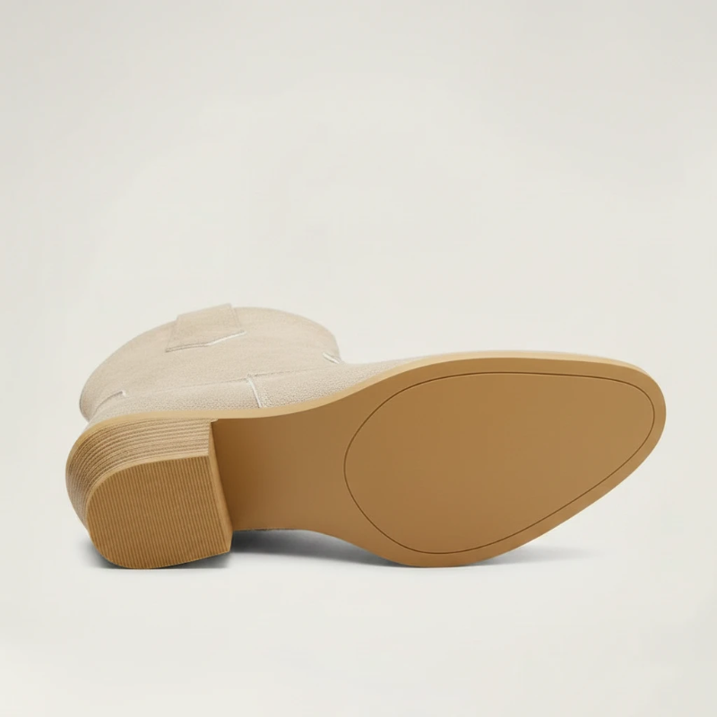 Yehaw ROSIE beige vegan suede ankle cowboy boots for women with a medium block heel and round toe design.