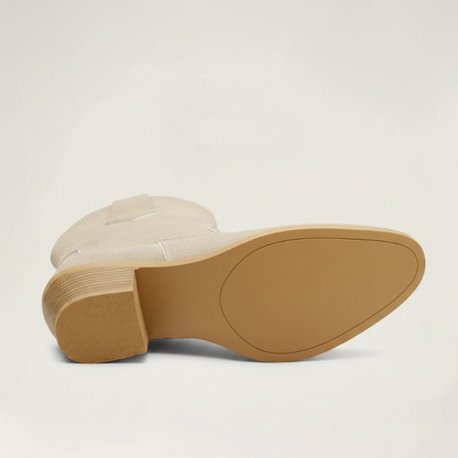 Yehaw ROSIE beige vegan suede ankle cowboy boots for women with a medium block heel and round toe design.