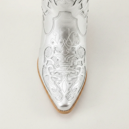 Yehaw Bernarda silver vegan leather mid-calf cowgirl boots with intricate embroidery and a pointed toe