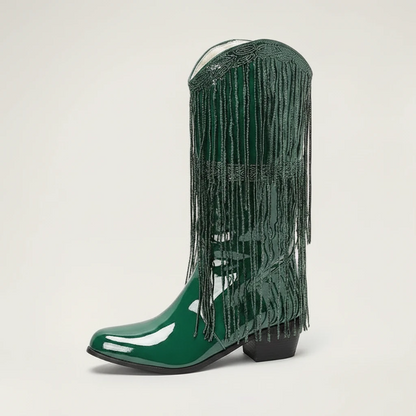 Yehaw TAMMIE green vegan leather mid-calf cowgirl boots with pointed toe and decorative fringe detailing