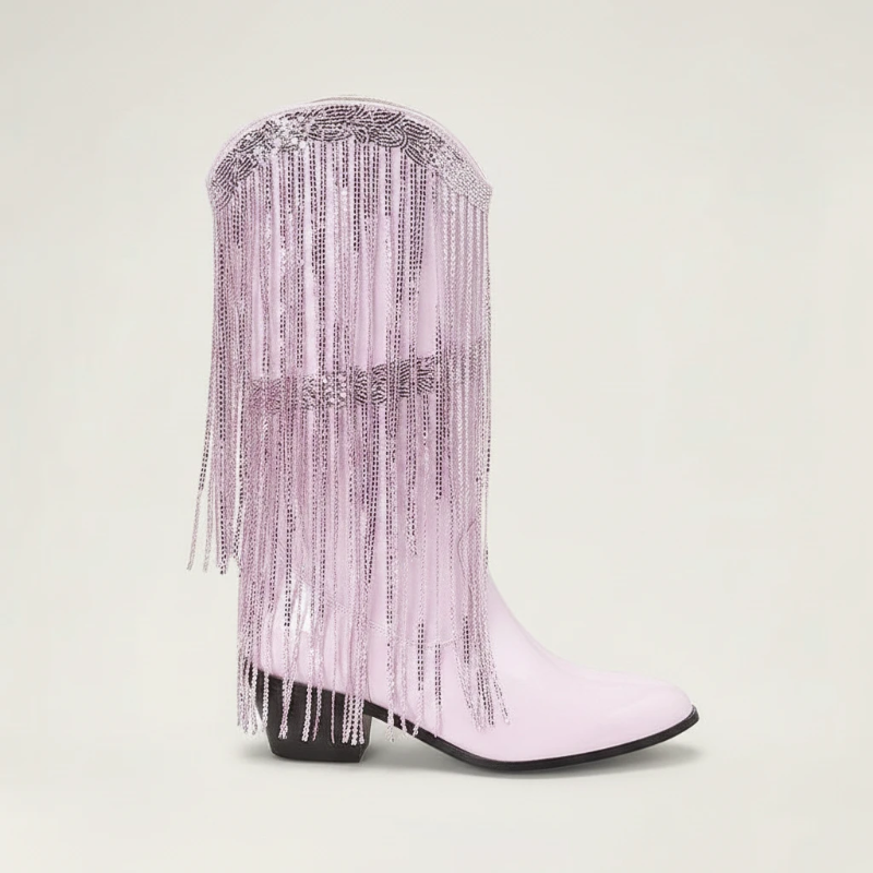 Yehaw TAMMIE pink vegan leather mid-calf cowgirl boots with pointed toe and decorative metallic fringe detailing.