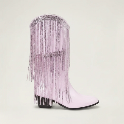 Yehaw TAMMIE pink vegan leather mid-calf cowgirl boots with pointed toe and decorative metallic fringe detailing.