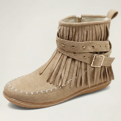 Yehaw beige vegan suede ankle cowgirl boots with fringe detail, side buckle, and flat rubber sole