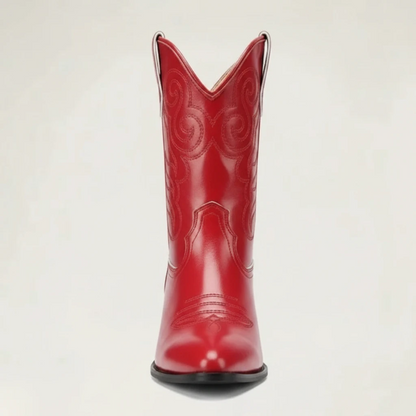 Yehaw LENA red vegan leather ankle cowboy boots with pointed toe, western stitching, and high block heel.