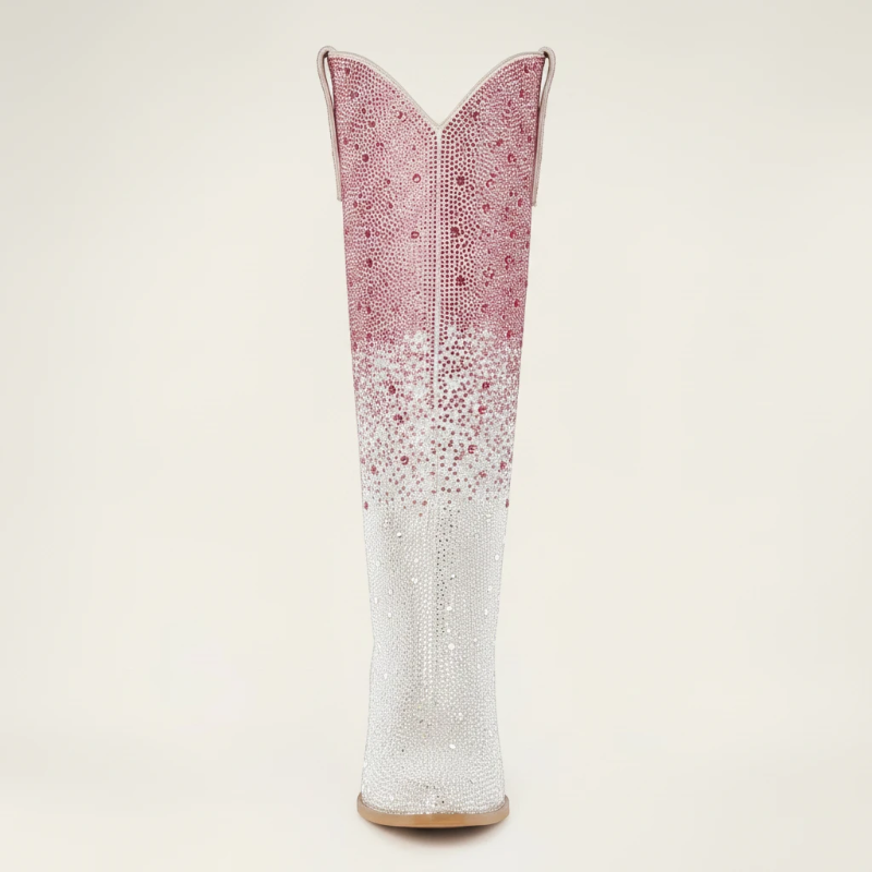 Yehaw knee-high vegan leather cowgirl boots with pink and silver rhinestones and a pointed toe.