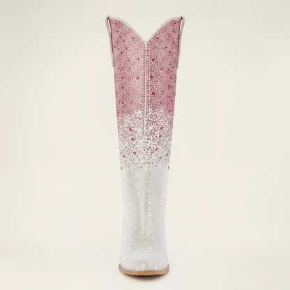 Yehaw knee-high vegan leather cowgirl boots with pink and silver rhinestones and a pointed toe.