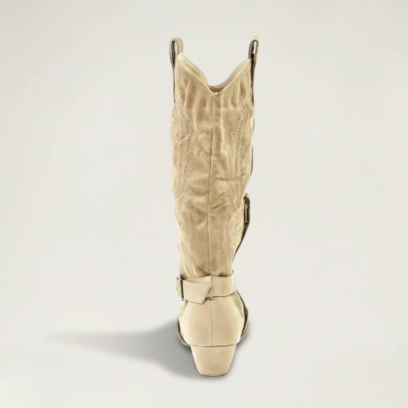 Yehaw beige vegan suede mid-calf cowgirl boots with a round toe, low heel, and decorative buckle strap detail.