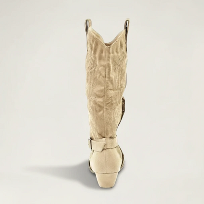 Yehaw beige vegan suede mid-calf cowgirl boots with a round toe, low heel, and decorative buckle strap detail.