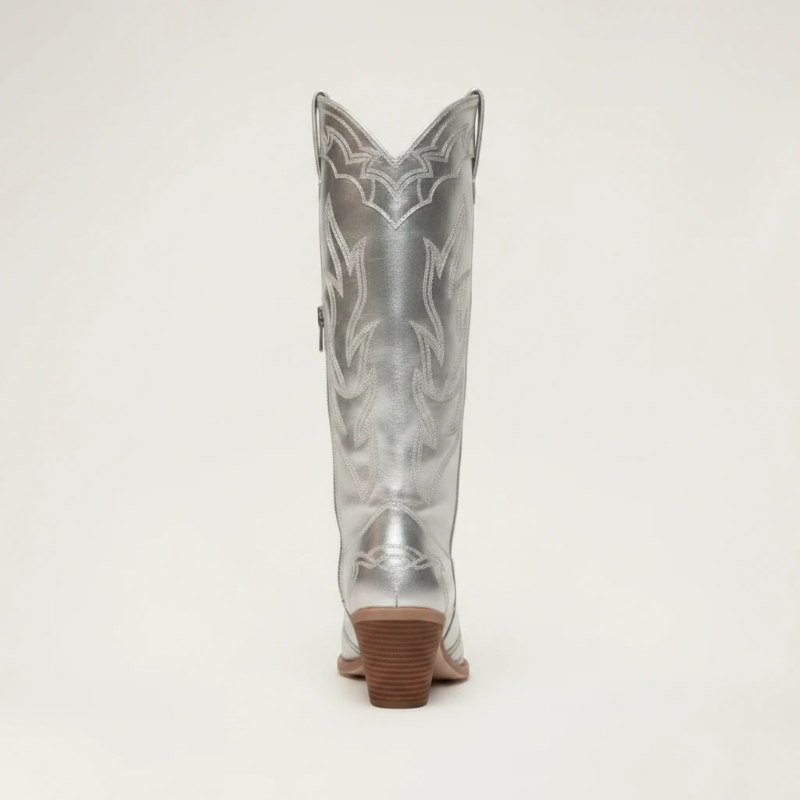Yehaw VIOLET silver vegan microfibre mid-calf cowgirl boots with pointed toe and high block heel