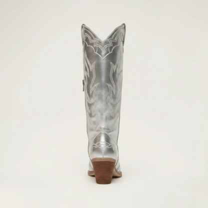 Yehaw VIOLET silver vegan microfibre mid-calf cowgirl boots with pointed toe and high block heel