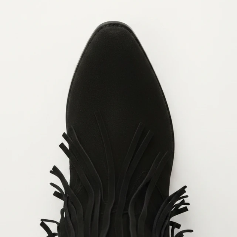 Yehaw black vegan suede mid-calf cowgirl boots with fringe detailing and a pointed toe