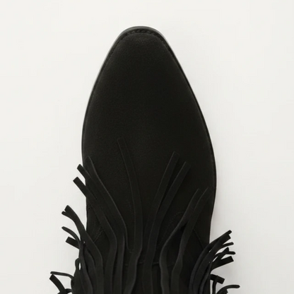 Yehaw black vegan suede mid-calf cowgirl boots with fringe detailing and a pointed toe