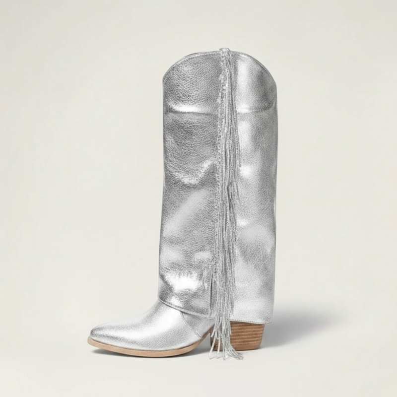 Yehaw ELIZA silver vegan microfibre knee-high cowgirl boots with fringe detail and a round toe.