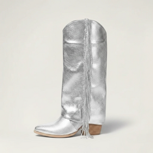 Yehaw ELIZA silver vegan microfibre knee-high cowgirl boots with fringe detail and a round toe.