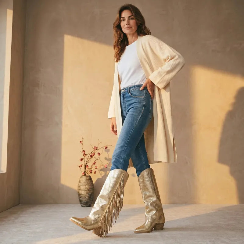 Yehaw knee-high cowgirl boots in gold vegan microfibre with fringe detail. Women's slip-on western style.