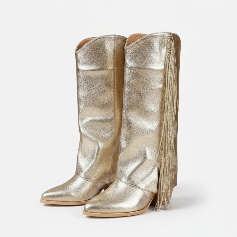 Yehaw gold knee-high cowgirl boots with fringe detail, made from vegan microfibre with a round toe and medium heel.