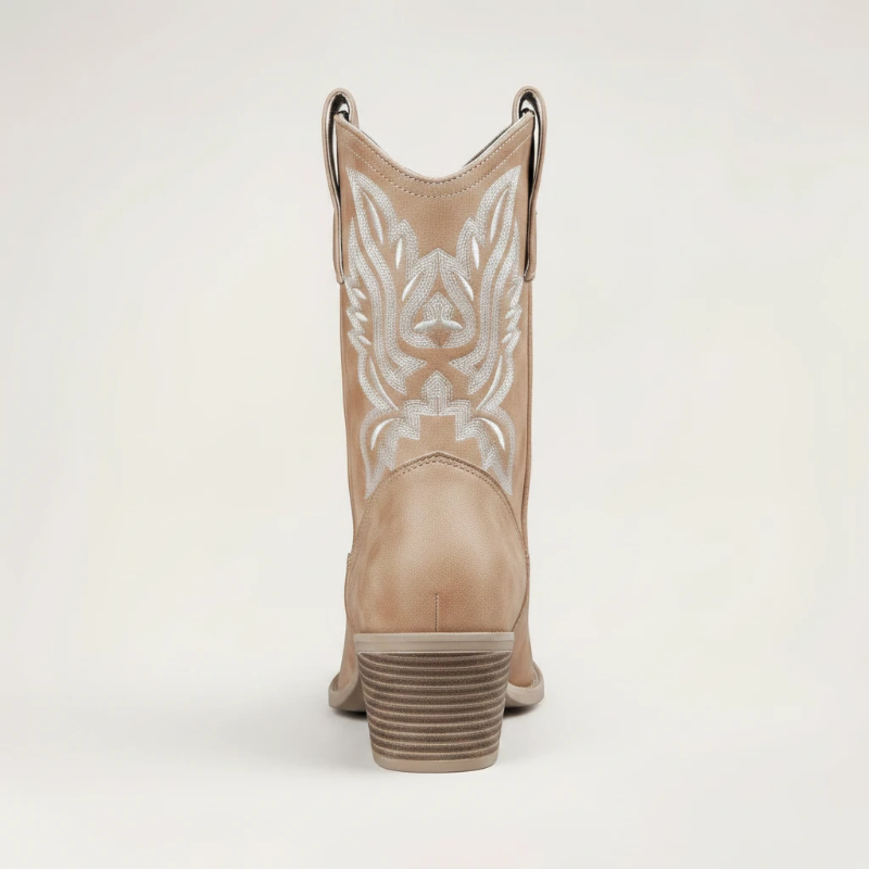 Yehaw BARBARA brown vegan suede ankle cowboy boots with white western embroidery and a medium block heel