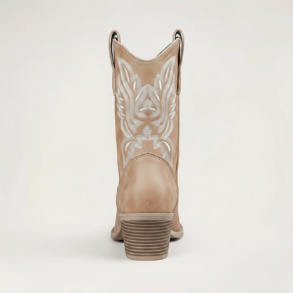 Yehaw BARBARA brown vegan suede ankle cowboy boots with white western embroidery and a medium block heel