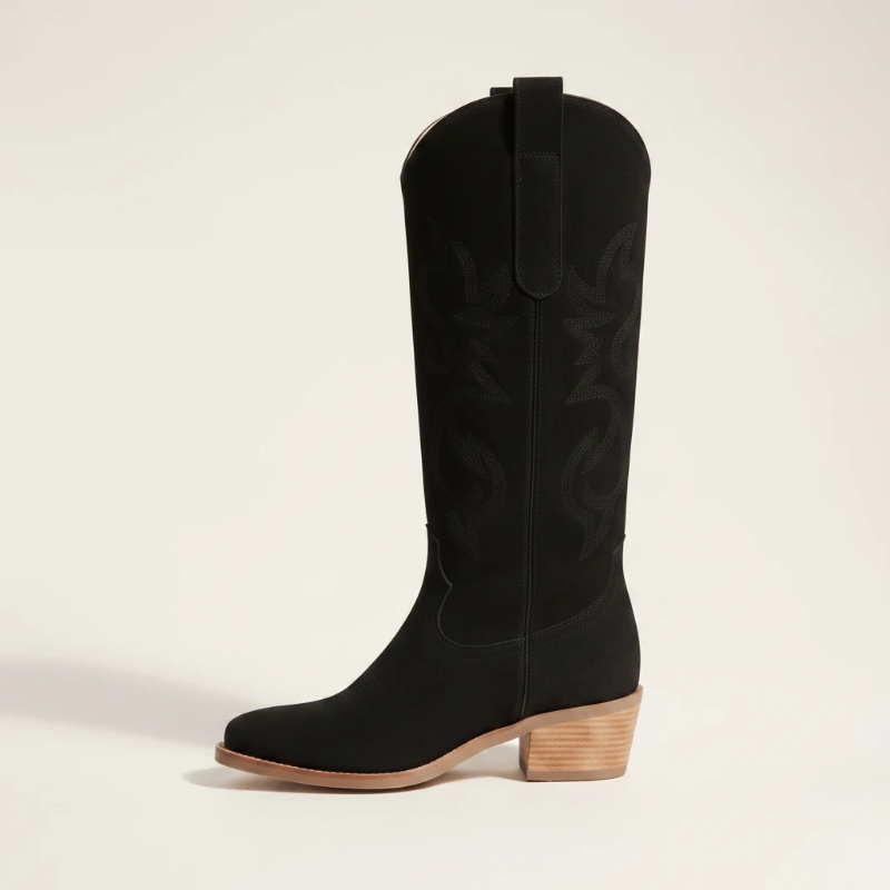 Yehaw Antonia black vegan suede mid-calf cowgirl boots with round toe and medium heel
