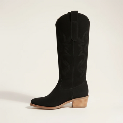 Yehaw Antonia black vegan suede mid-calf cowgirl boots with round toe and medium heel
